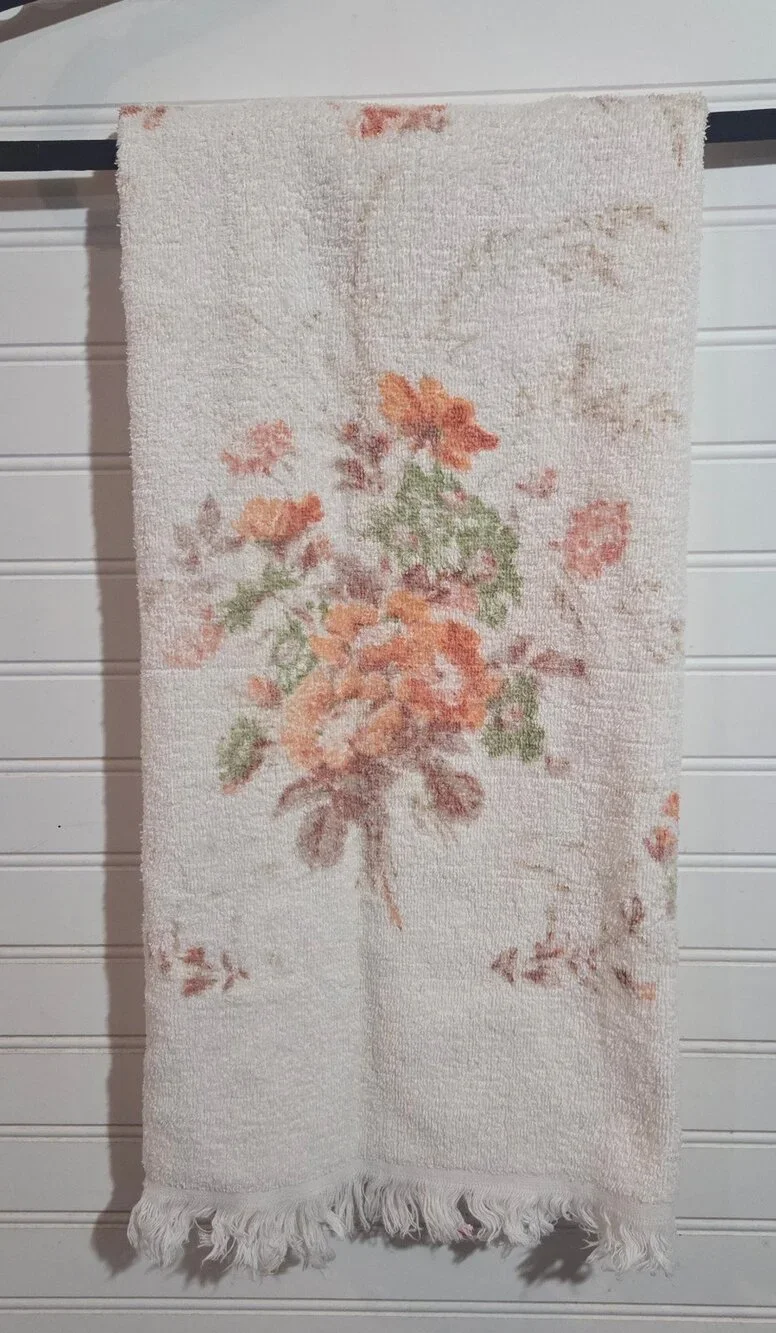 Vintage Floral Terry Cloth Hand Towel Cottagecore Shabby Chic Fringe